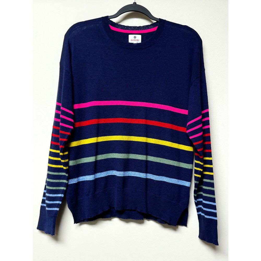 SUNDRY Merino Wool/Cashmere Navy Striped Lightweight Sweater, Sz XS